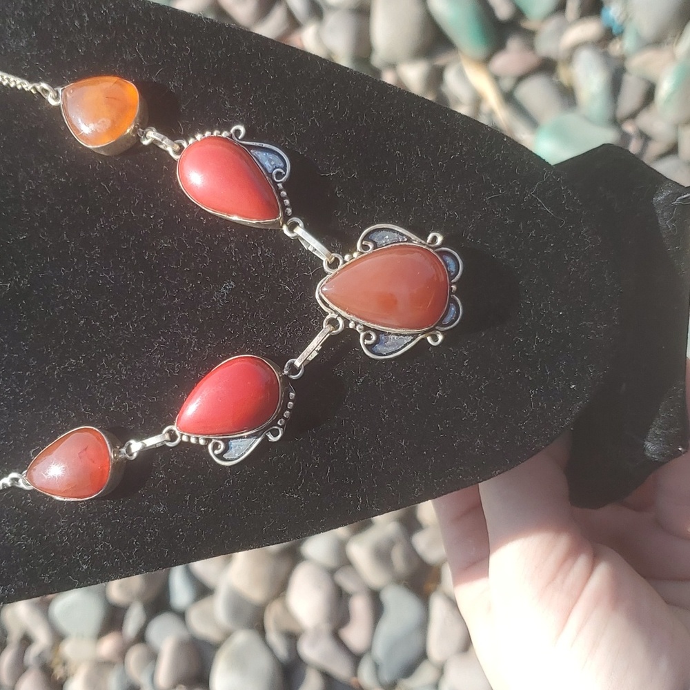 New Coral and Carnelian 925 Silver Necklace.
